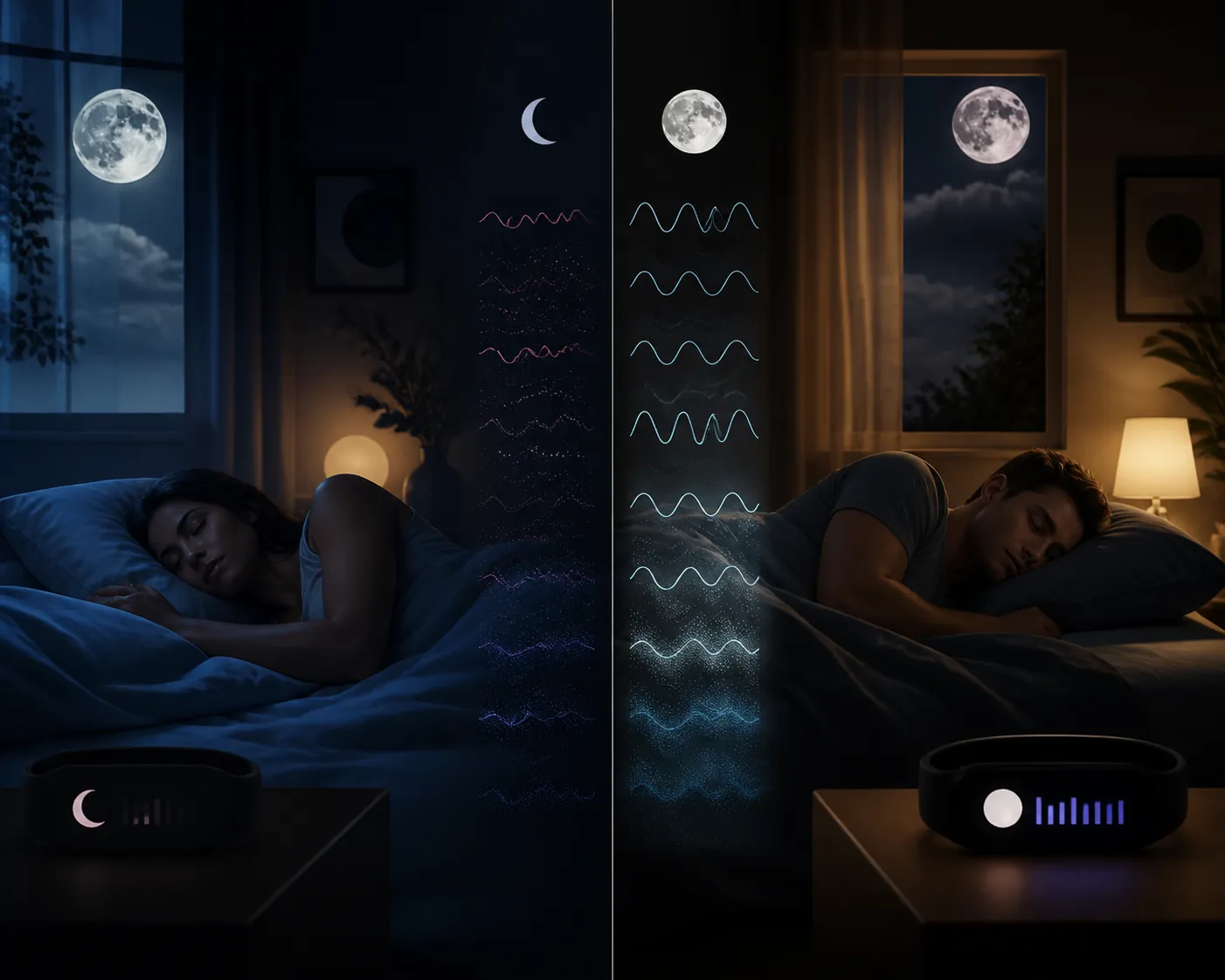 A split-screen bedroom scene comparing cooler restless sleep with warmer deeper rest