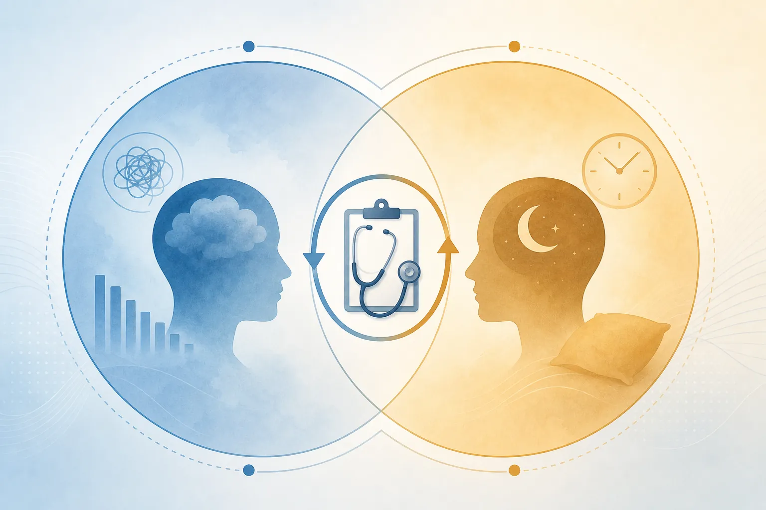 Overlapping depression and insomnia evaluation circles with a medical icon at the center for coordinated assessment