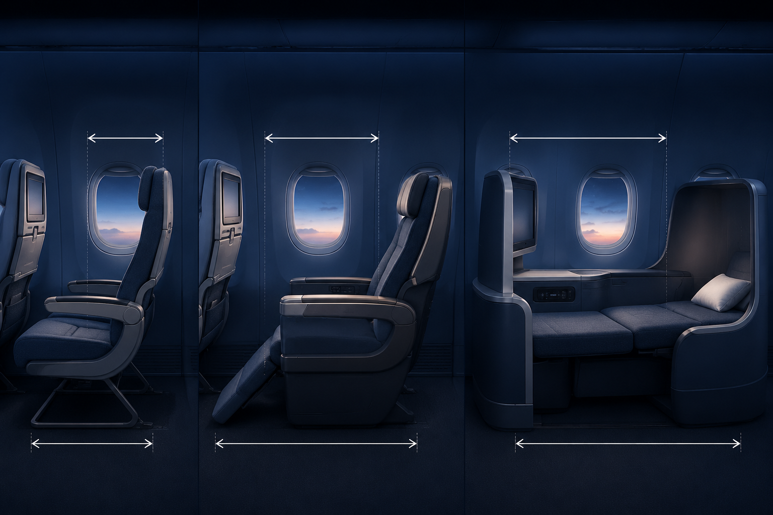 Side-by-side aircraft seat profiles comparing economy, premium economy, and business class sleep space