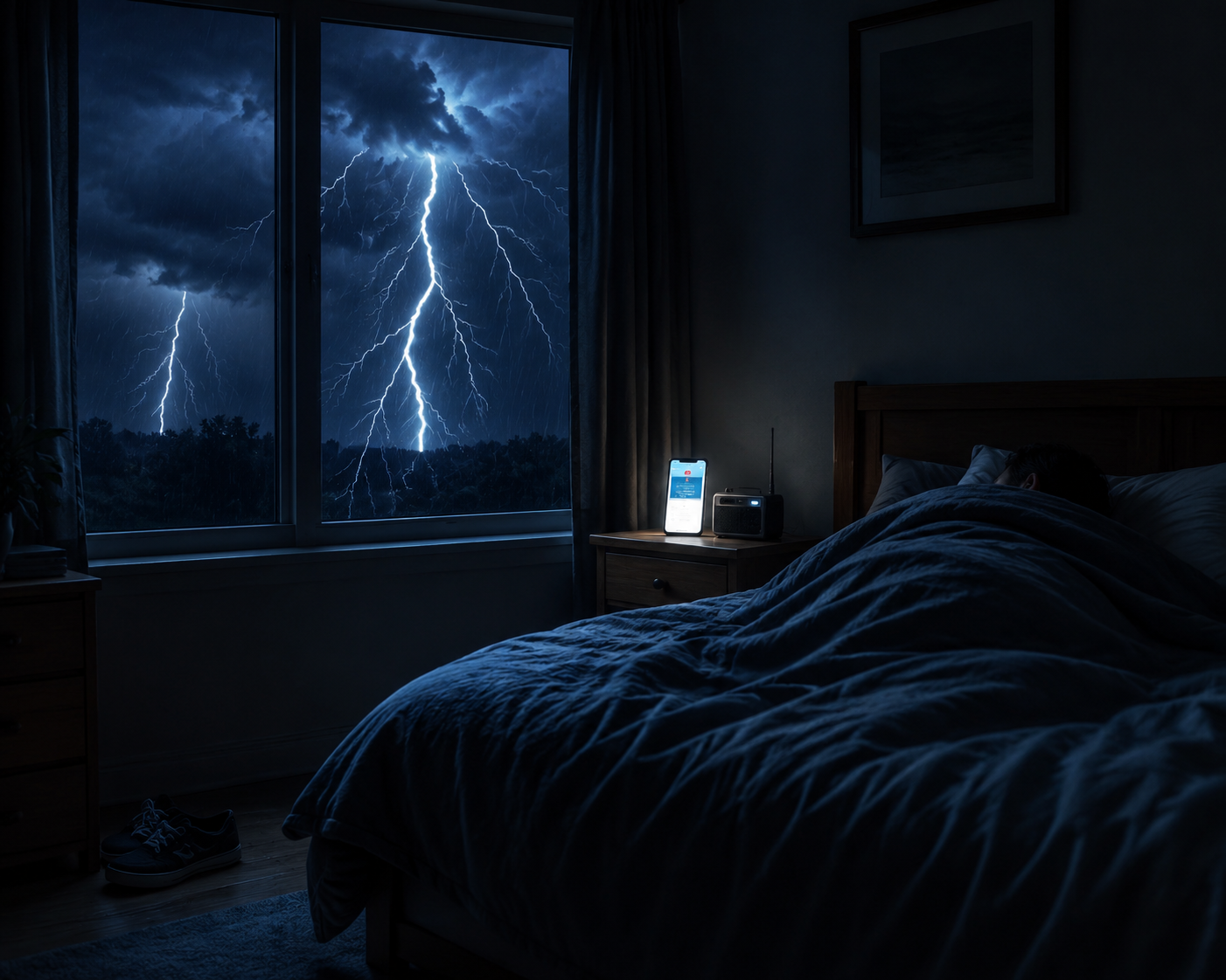 Bedroom at night with lightning outside, a phone weather alert, a weather radio, and shoes beside the bed