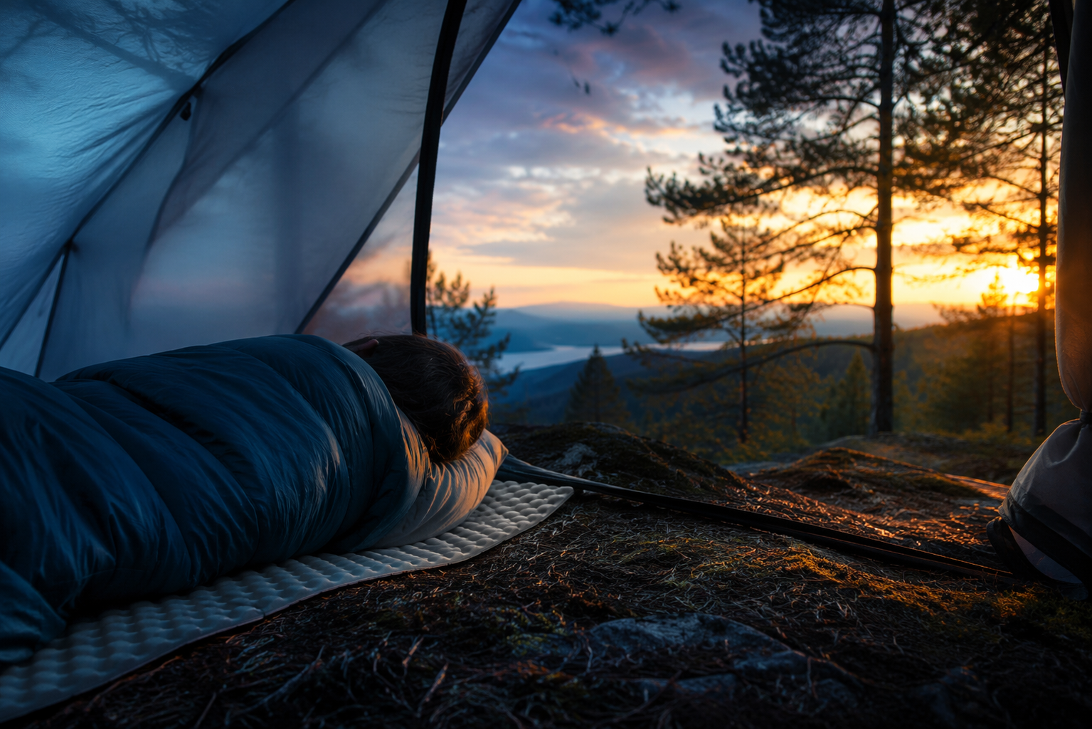 A person lying alert on a thin sleeping pad in a tent at dusk, with forest light suggesting both fragmented sleep and restoration
