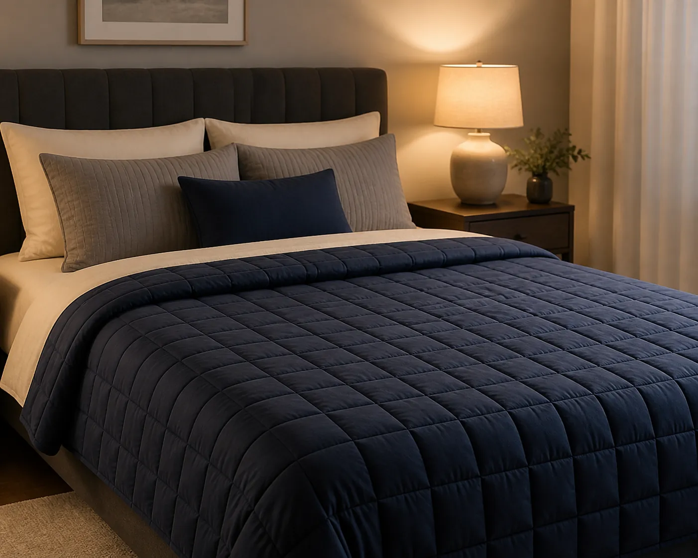 A calm bed with a quilted weighted blanket