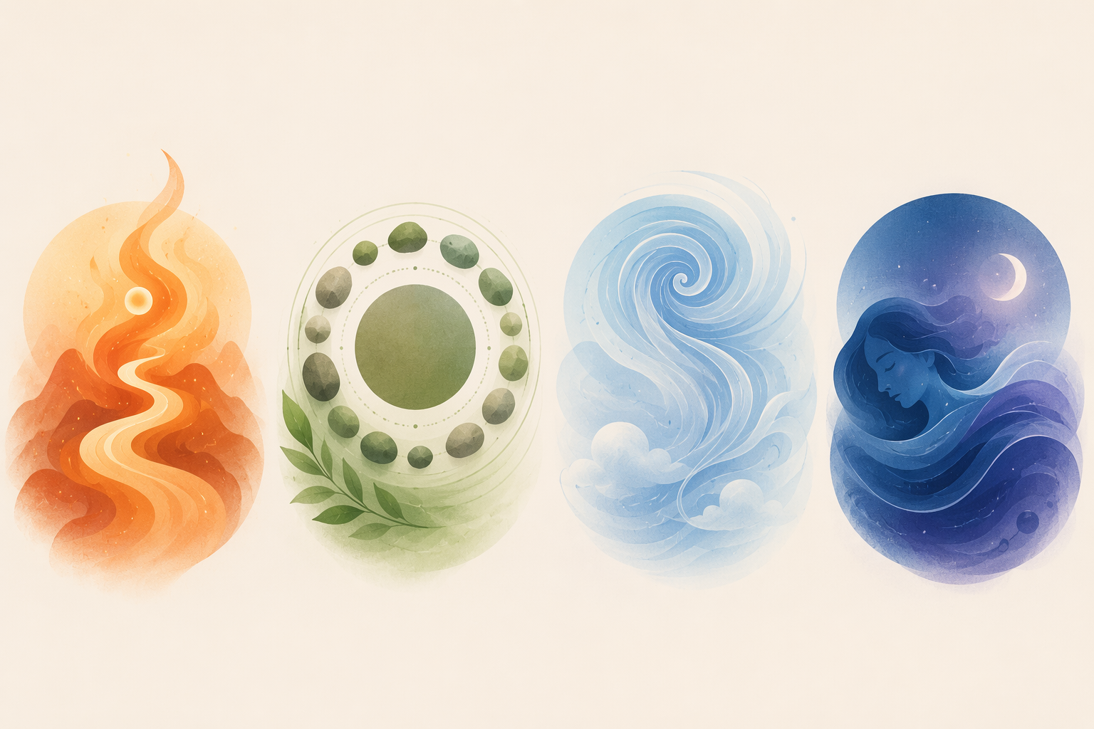 Abstract fire, earth, air, and water sleep pattern icons arranged in four groups