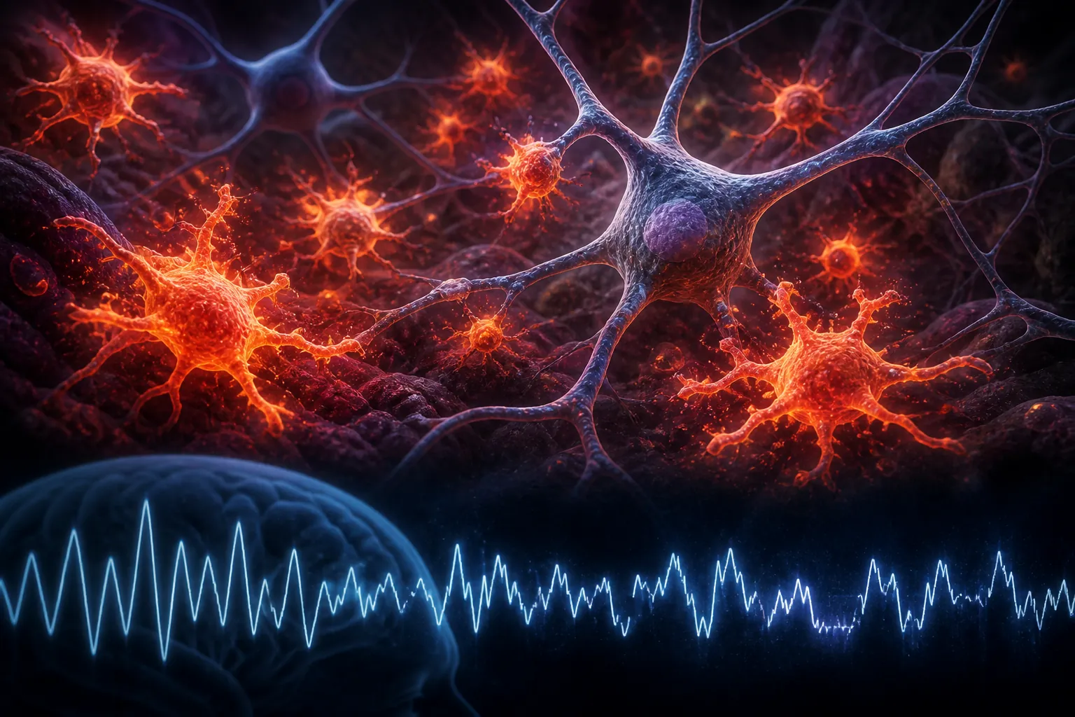 Brain cross-section with glowing overactive microglial cells and fragmented NREM sleep wave patterns