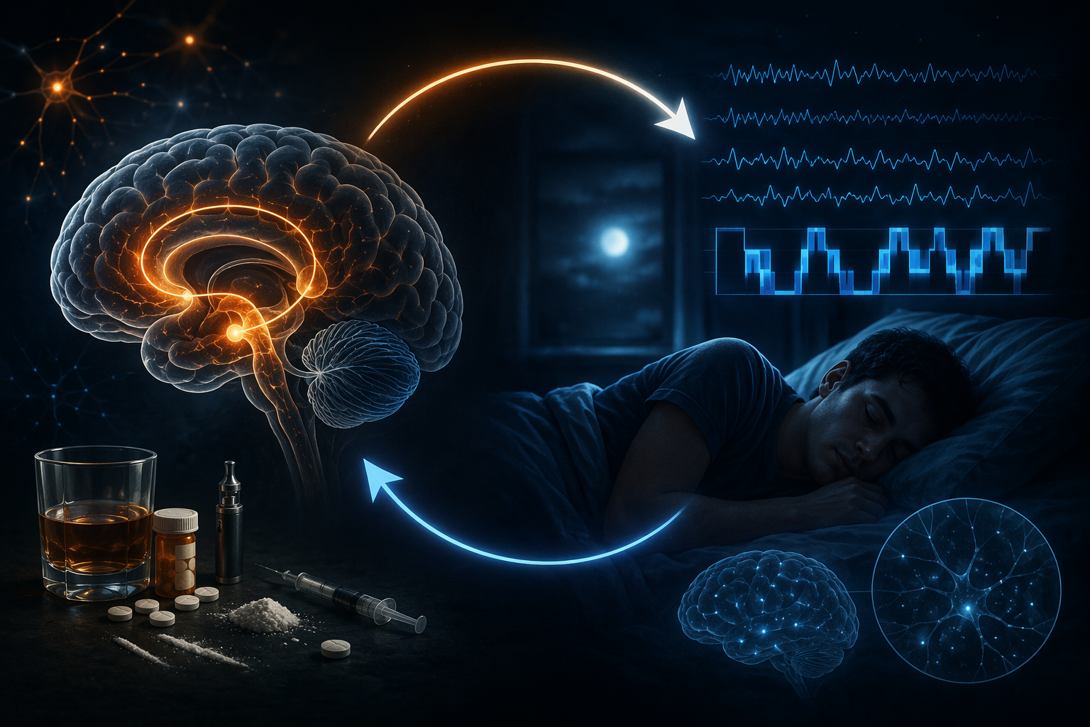 Conceptual illustration of a bidirectional loop between substance use and sleep disruption.