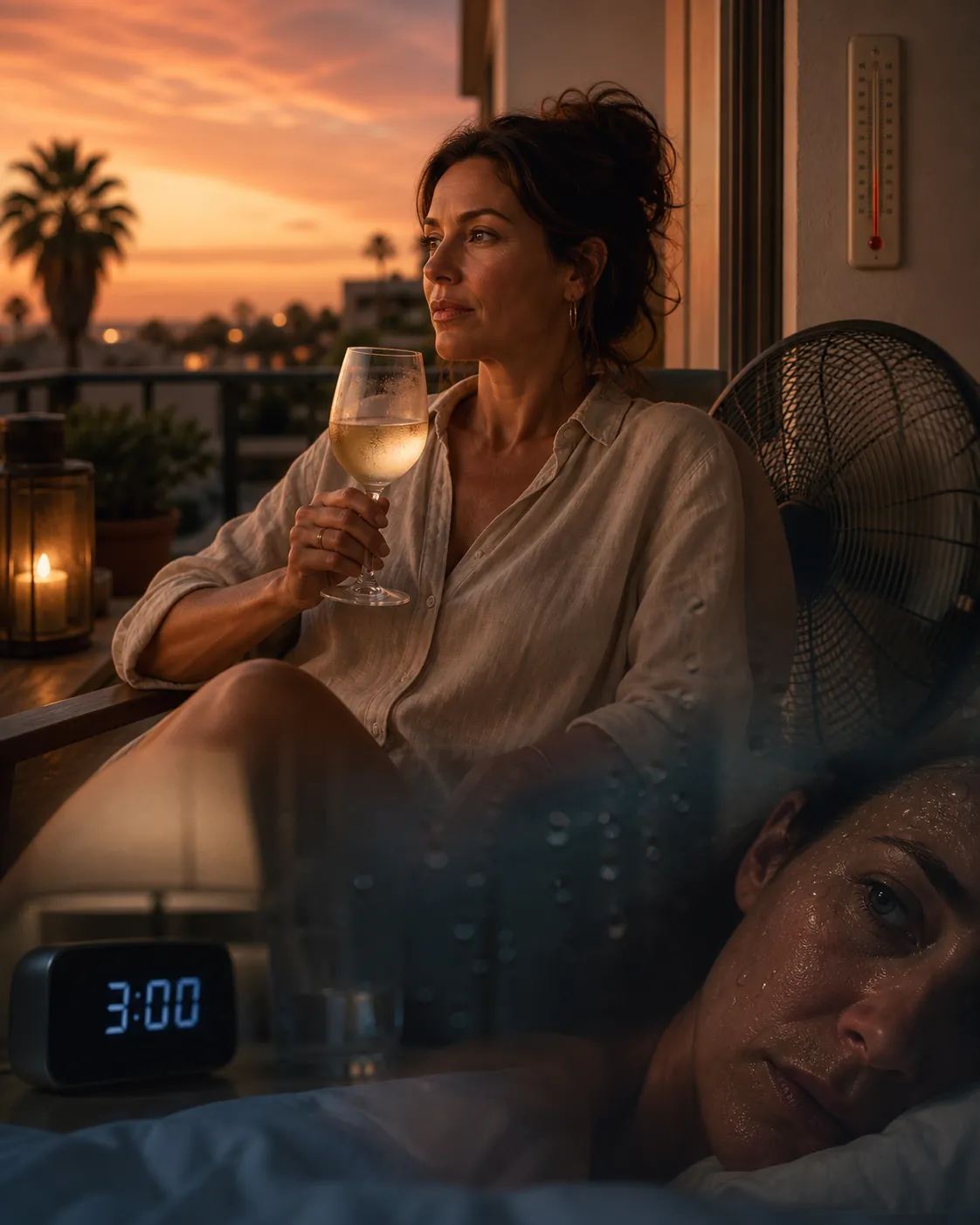 Woman holding chilled white wine on a warm summer balcony with subtle signs of 3 a.m. sleep disruption