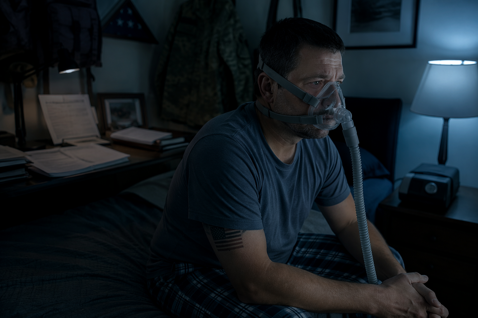 Veteran wearing a CPAP mask at night with benefit forms on a desk in the background
