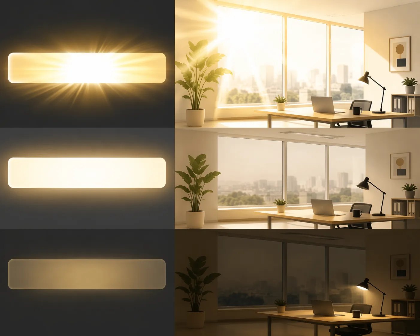 Three light intensity bars comparing dim indoor light, brighter indoor light, and outdoor sunlight intensity