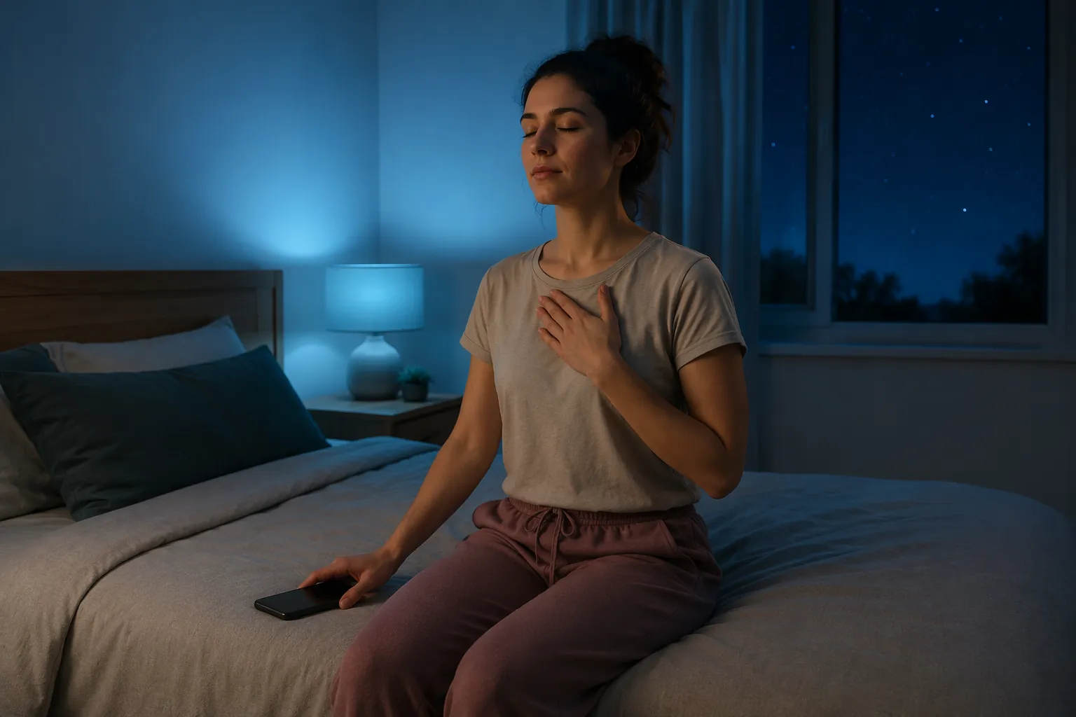 A person sitting on the edge of a bed with a smartphone face-down beside them while practicing a calming gesture