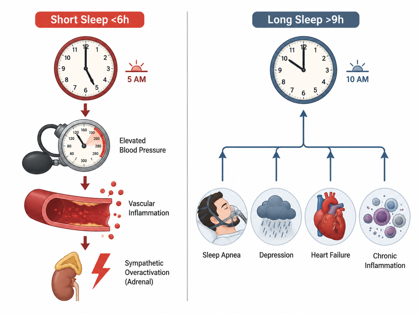 Side-by-side illustration of short sleep and long sleep mechanisms