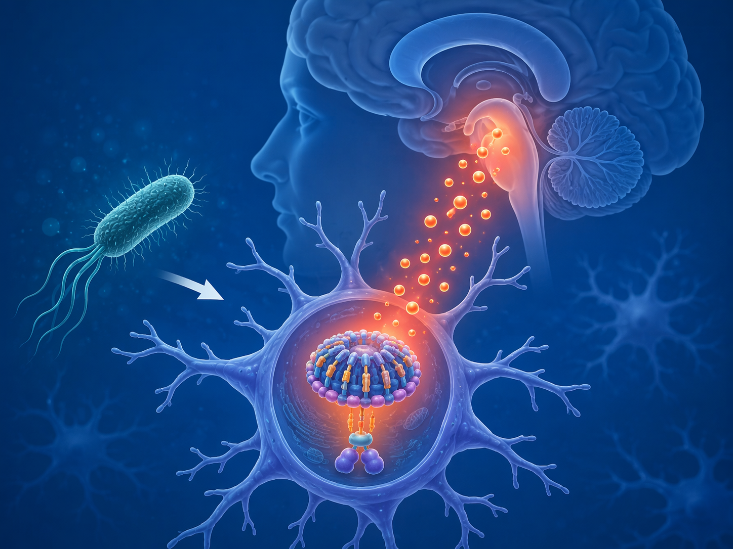Scientific illustration of Legionella flagellin activating microglial NLRP3 inflammasome signaling toward sleep-wake brain regions