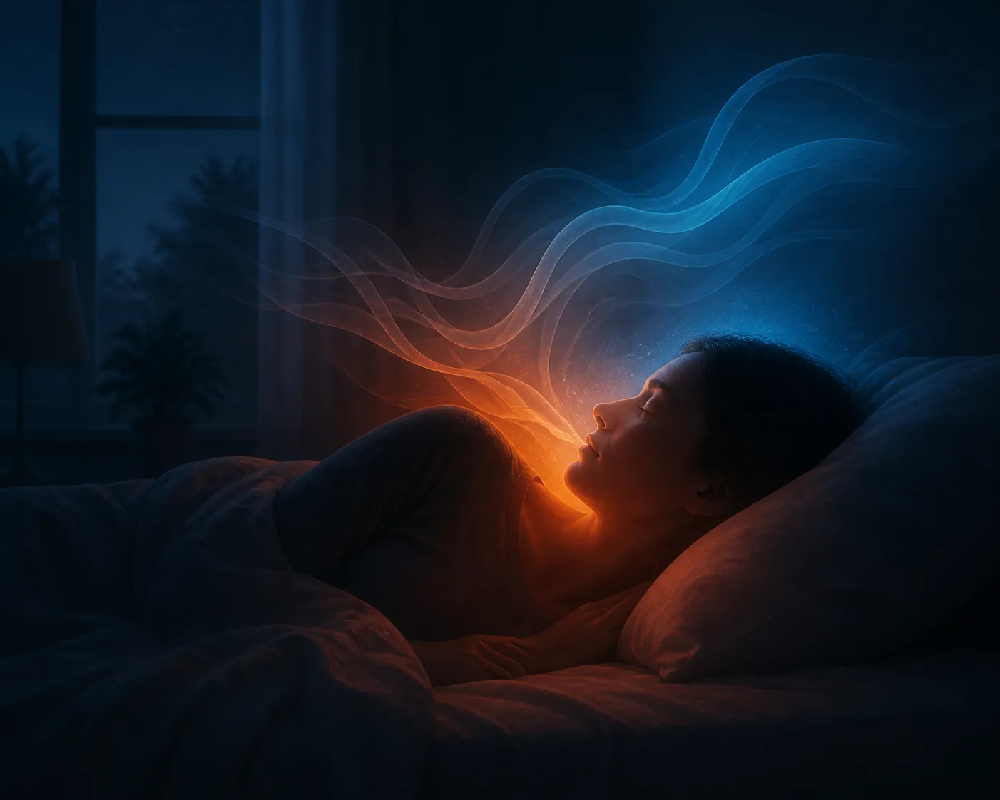Woman sleeping with airflow ribbons and temperature glow around her head and shoulders