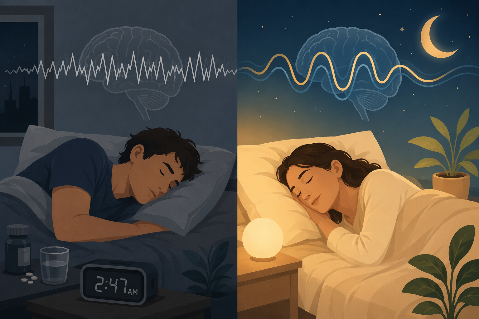 Comparison of shallow drugged sleep and deeper restorative sleep