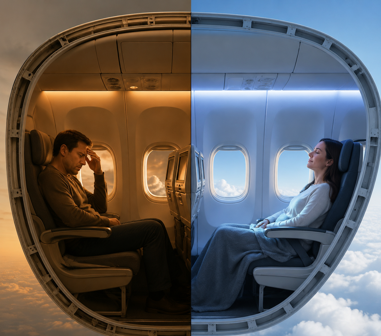 Split illustration comparing higher aircraft cabin altitude with lower 787-style cabin altitude and passenger comfort