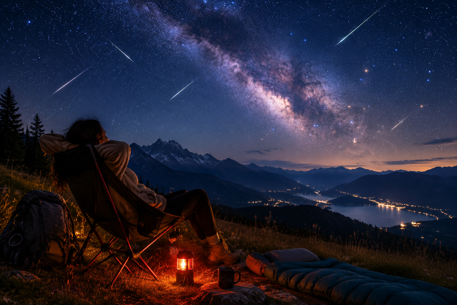 A planned Perseid viewing setup with a reclining chair, sleeping bag, red lantern, and meteors crossing a dark sky