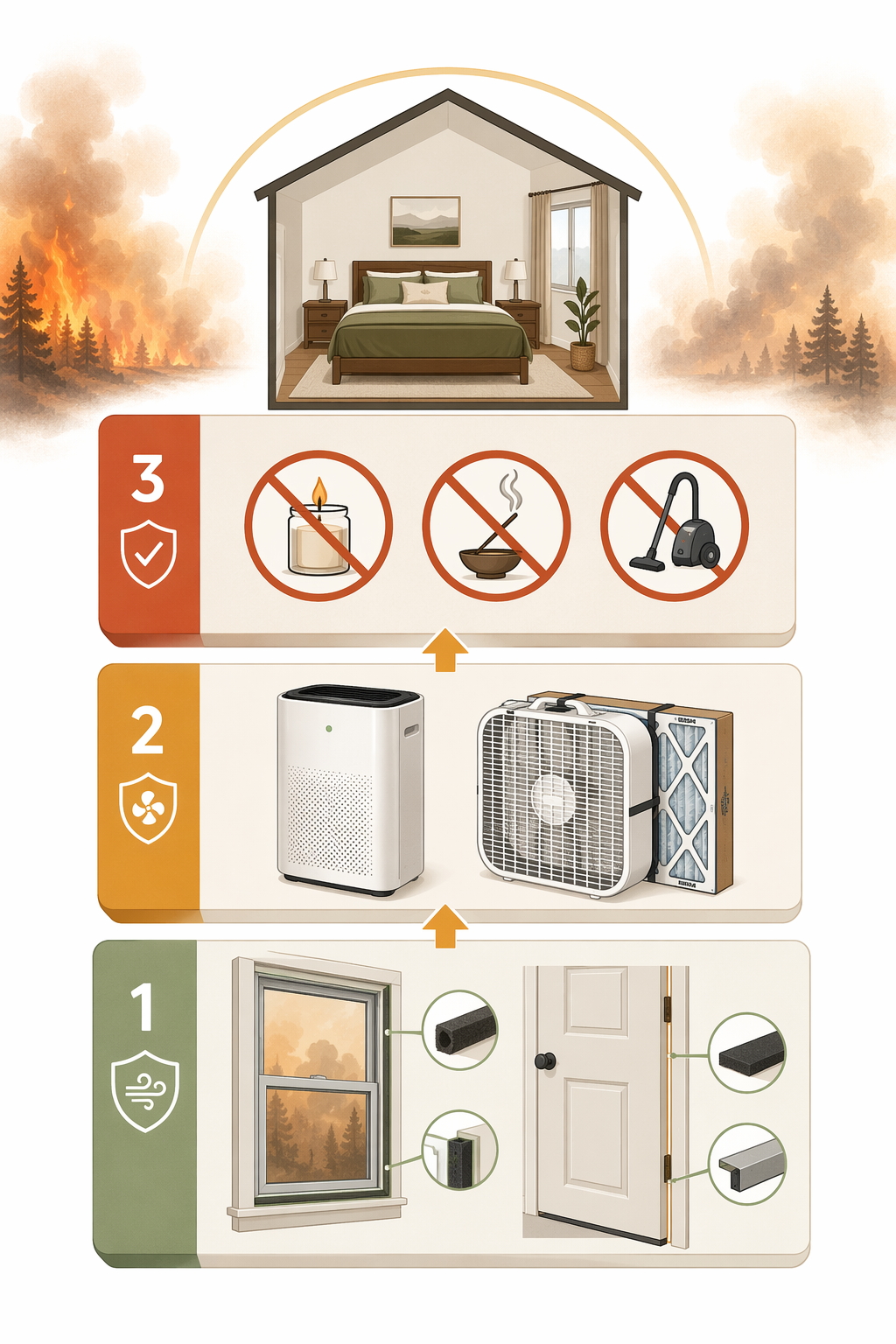 Illustration of three clean-room layers: sealing, active filtration, and no indoor particle sources beneath a bedroom icon