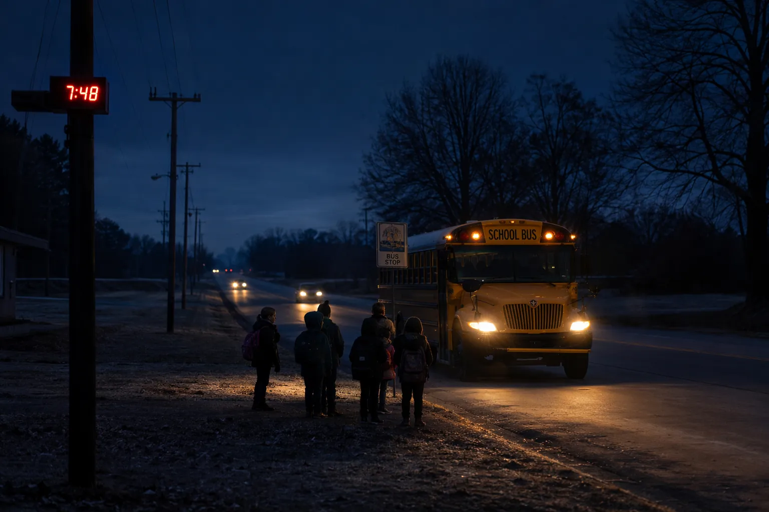 Children waiting for a school bus on a dark winter morning in rural Mississippi