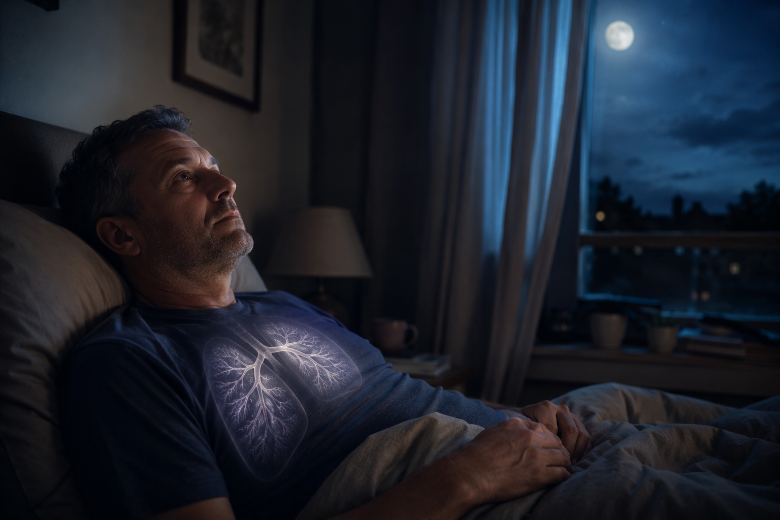 A lung transplant recipient lies awake at night despite breathing better after surgery