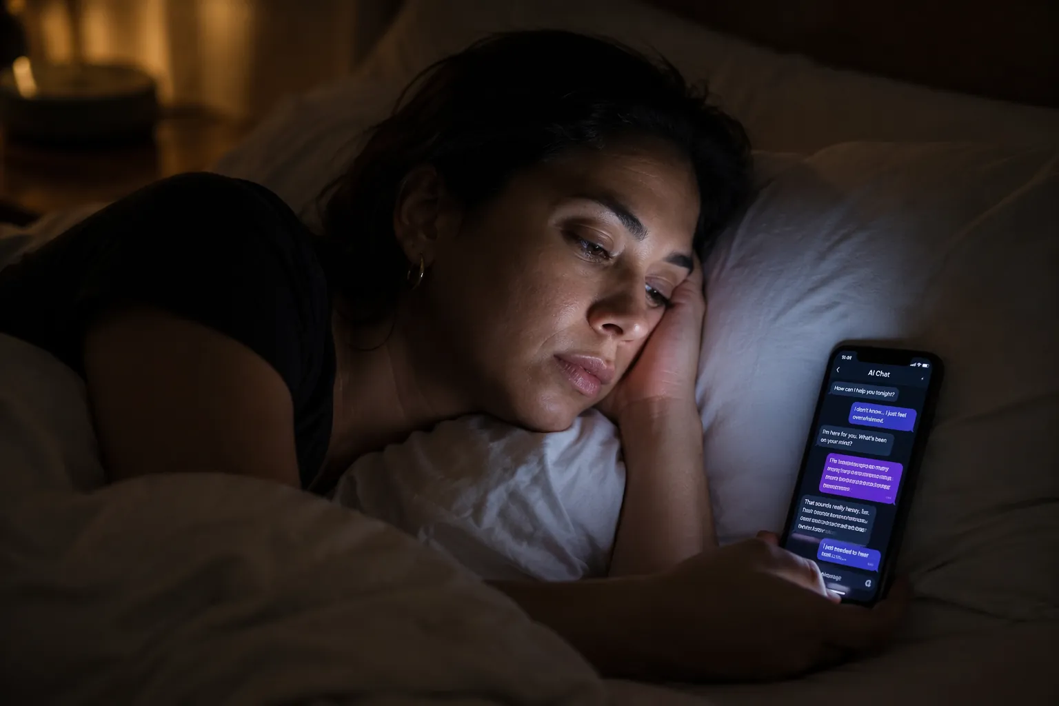 Person in bed at night using a glowing chatbot conversation on a smartphone