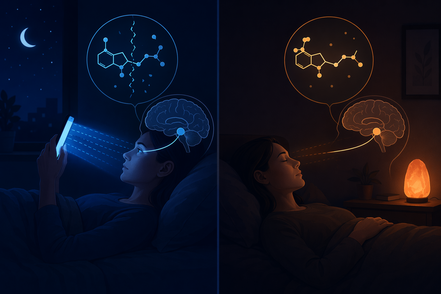 A side-by-side comparison of two nighttime light environments: left side shows blue light rays from a phone screen hitting a sleeper's eyes with a suppressed melatonin icon; right side shows a dark bedroom with warm dim light and an intact melatonin icon.