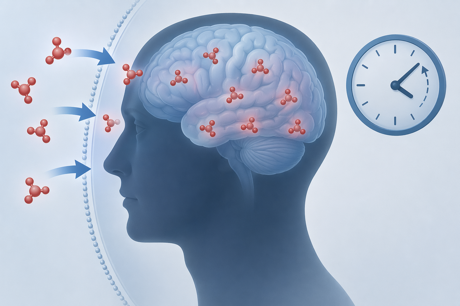 Molecules crossing the blood-brain barrier with a clock indicating persistence into the next morning.