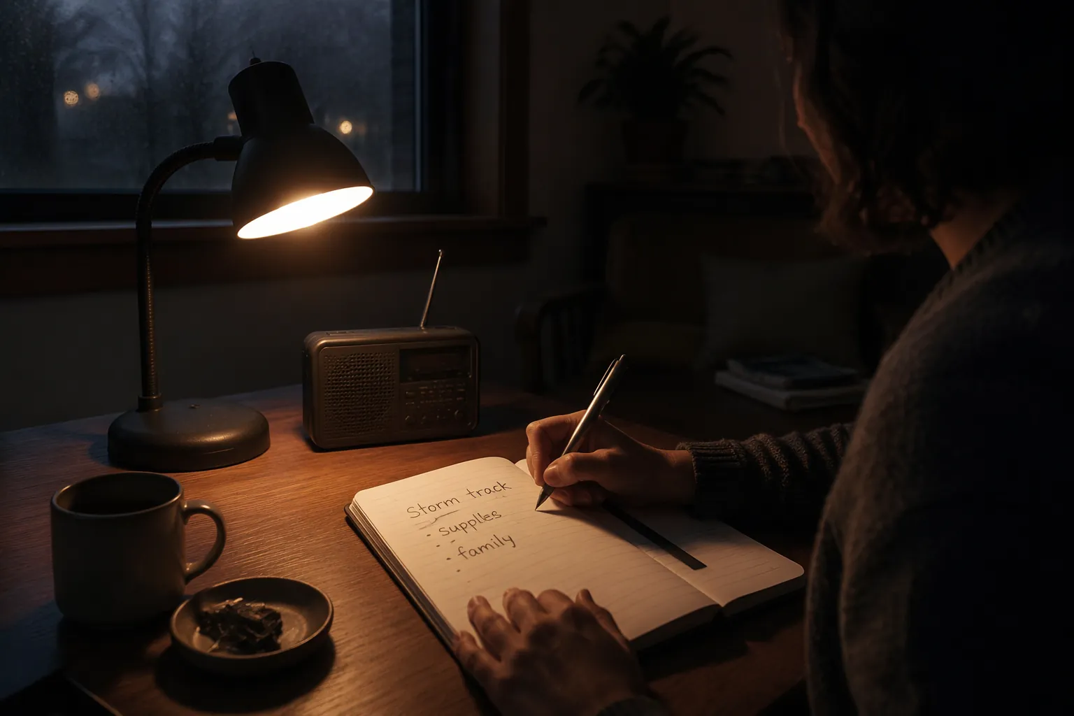 A person writing in a notebook beside a portable weather radio in dim lamplight