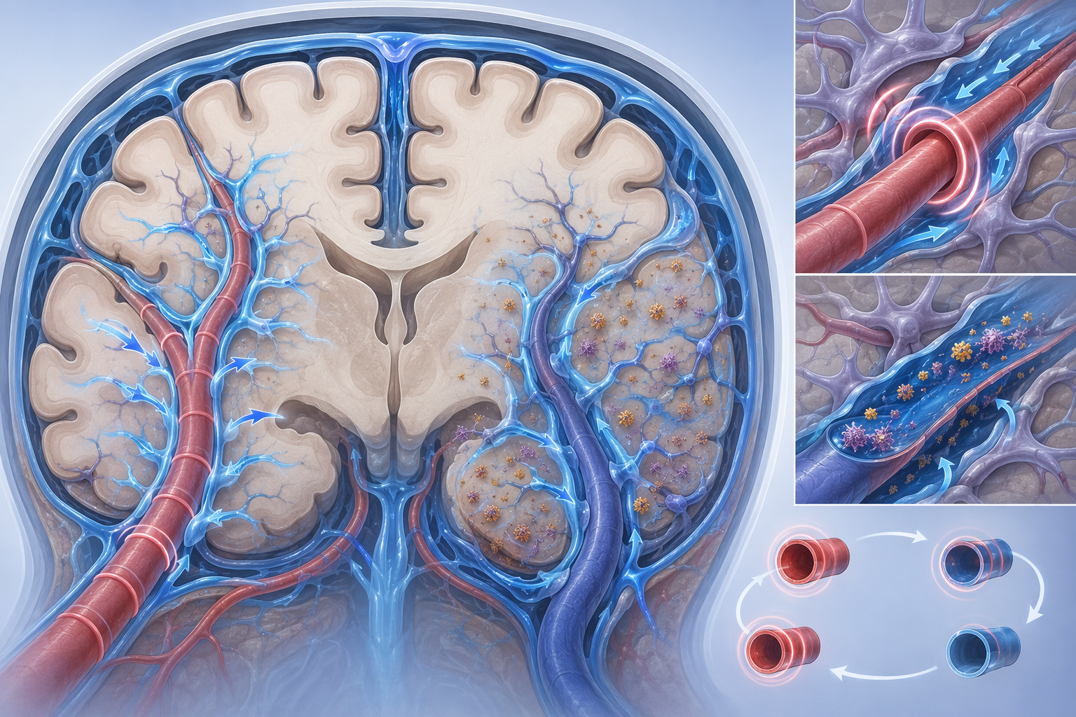 Scientific cross-section of the brain glymphatic system showing vasomotion waves, cerebrospinal fluid inflow, and protein particles carried outward