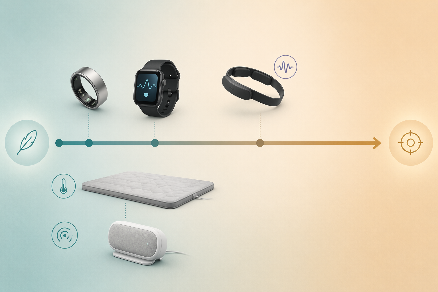 Comfort versus accuracy spectrum showing rings, smartwatches, EEG headbands, under-mattress mats, and bedside radar sleep monitors