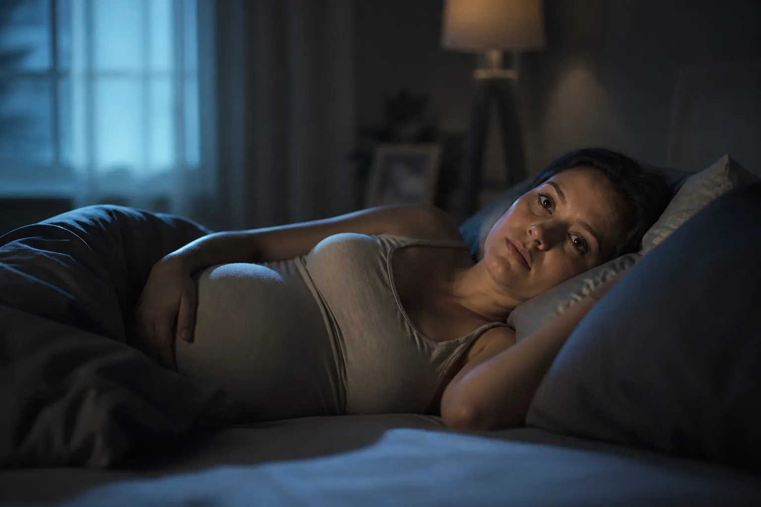 Pregnant woman lying awake in a dim bedroom at night