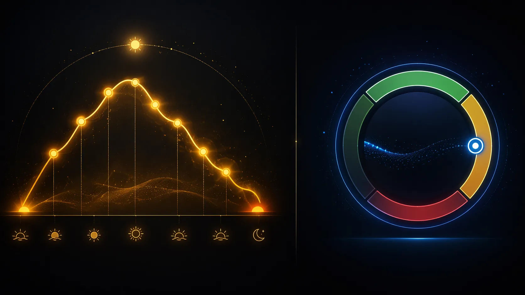 Split visualization showing an energy curve across daytime checkpoints beside a single green yellow red recovery gauge