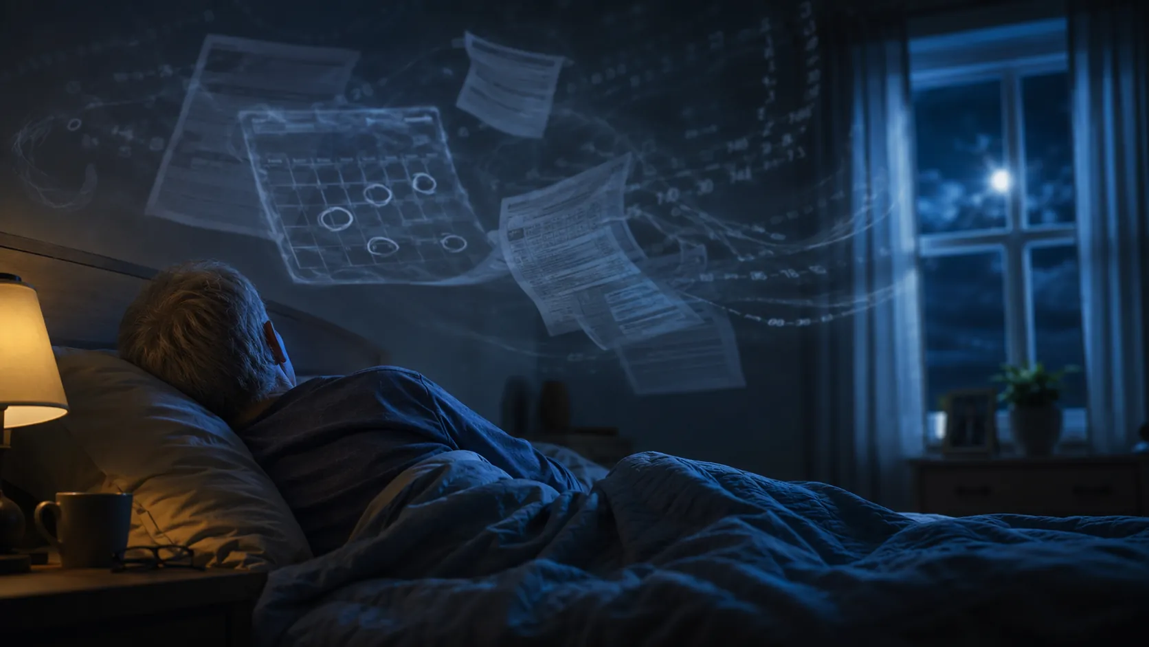 Person lying awake at night as tax documents, calendar dates, and numbered thresholds hover above the bed