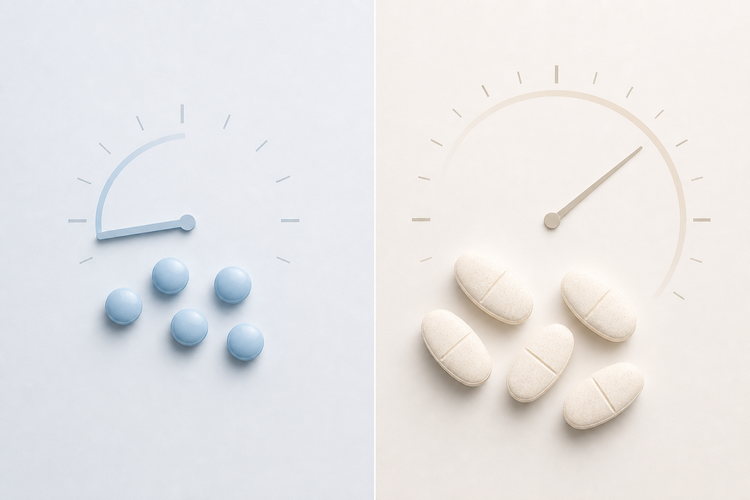 Split flat-lay composition showing blue capsule pills on the left with a short clock arc suggesting shorter duration, and cream-colored tablets on the right with a longer clock arc suggesting longer duration.