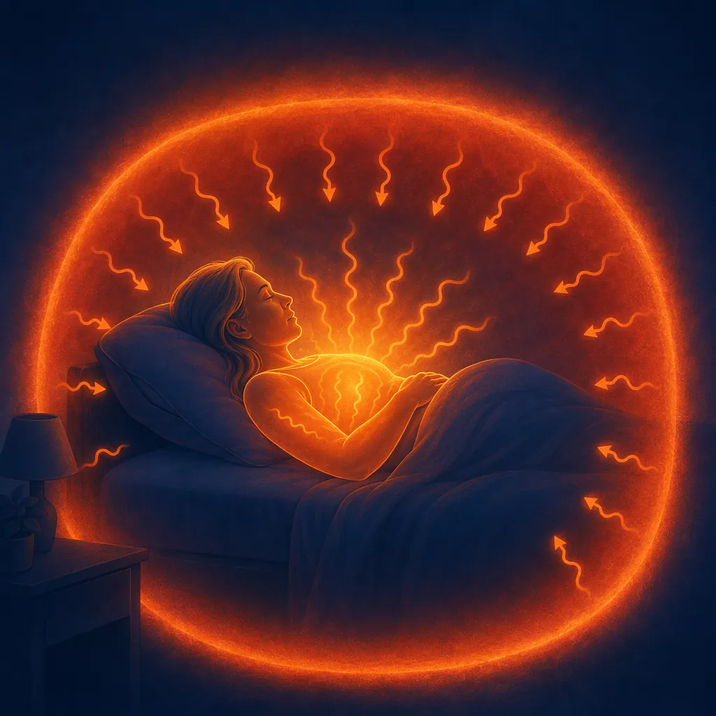 Sleeping woman with a hot flash trapped by surrounding extreme heat