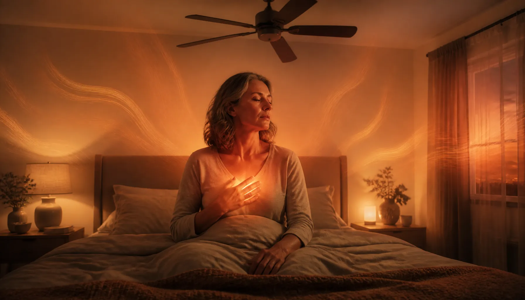 Woman lying awake in a warm bedroom with internal hot flash heat and external heat wave warmth