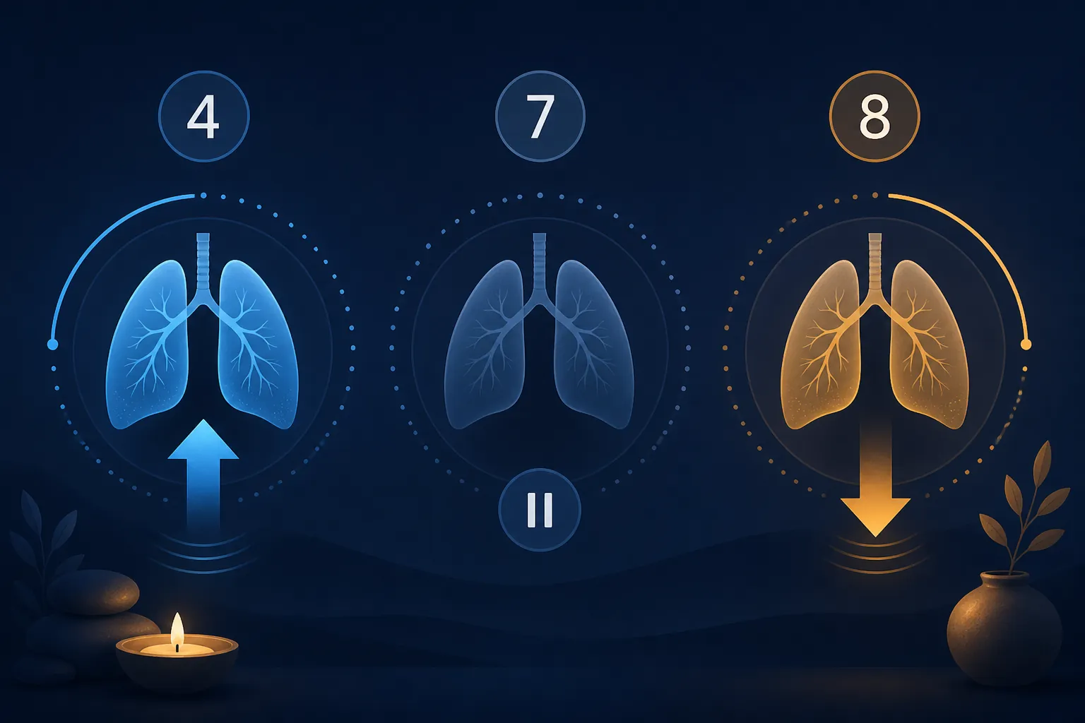 A three-panel diagram showing 4-7-8 breathing with inhale, hold, and exhale steps