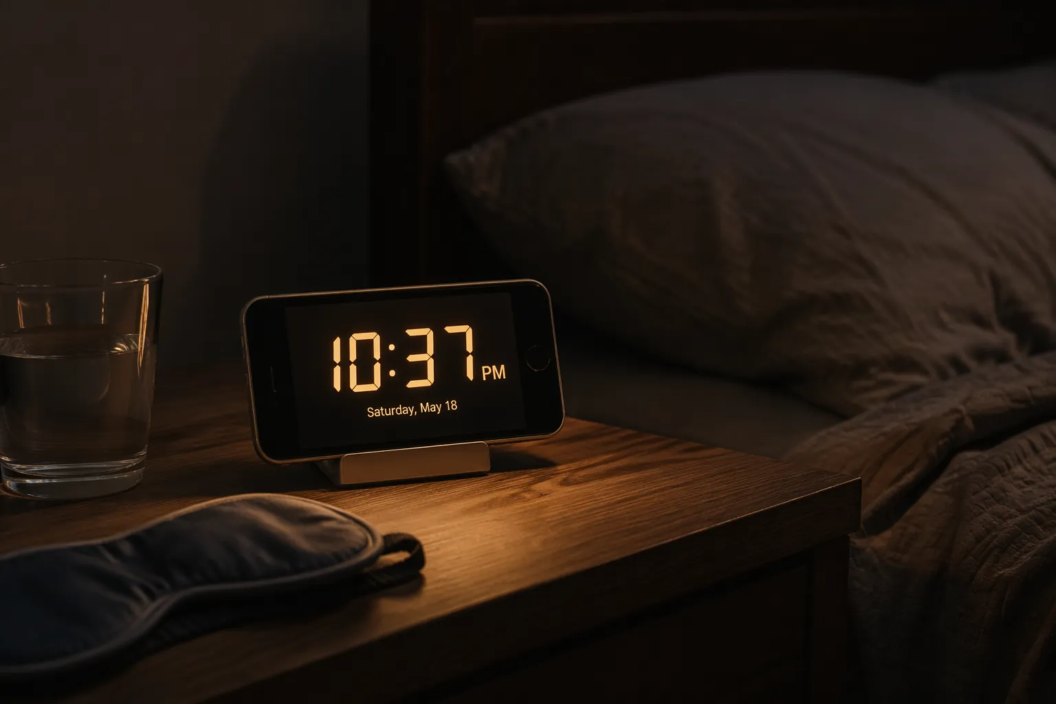 Older smartphone used as a bedside clock on a nightstand in a dim bedroom