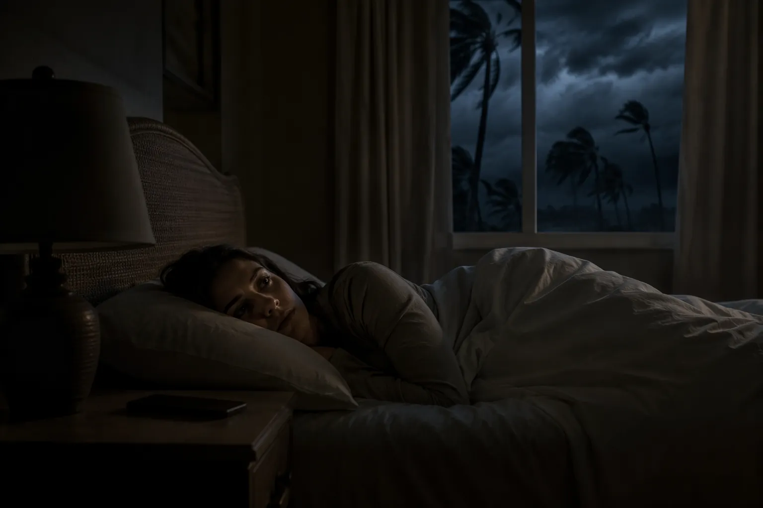 A person lying awake in a dark bedroom as storm clouds and wind-blown palm trees are visible outside