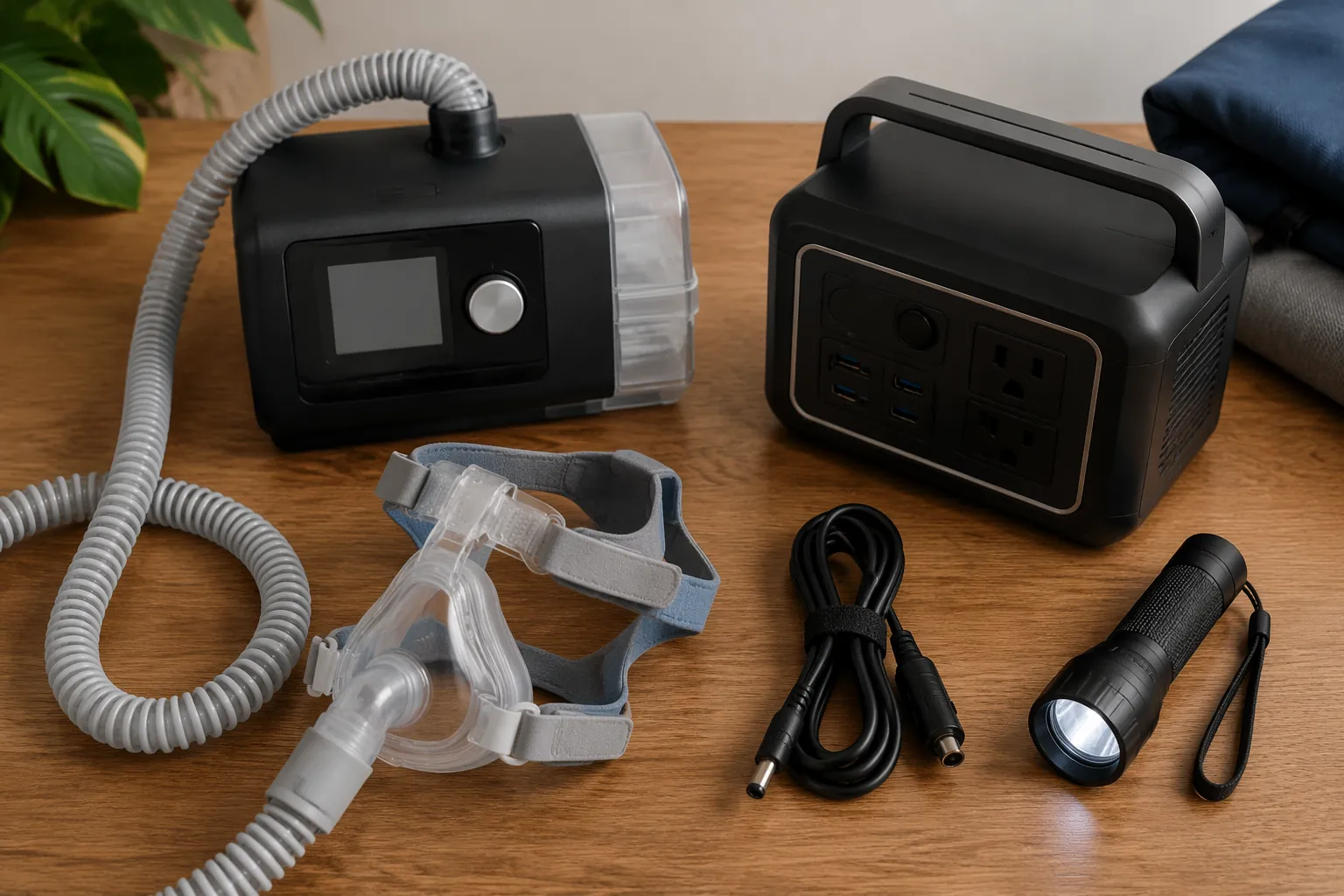 CPAP machine, mask, tubing, flashlight, and portable battery backup prepared for a hurricane power outage