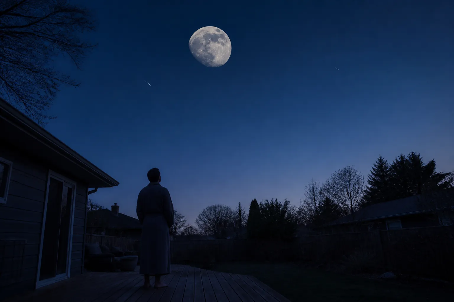 A moon-washed pre-dawn backyard with a person taking a short look at a few faint meteor streaks