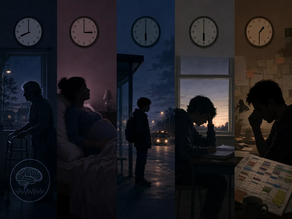 Split-panel illustration of an older adult, pregnant person, school-age child, teenager, and adult with fragmented sleep in dark pre-dawn settings