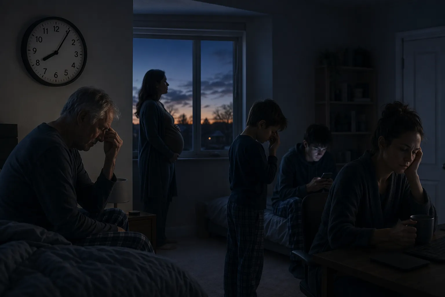 A dark early-morning bedroom scene with an older adult, a pregnant woman, a child, a teenager, and an adult awake before sunrise
