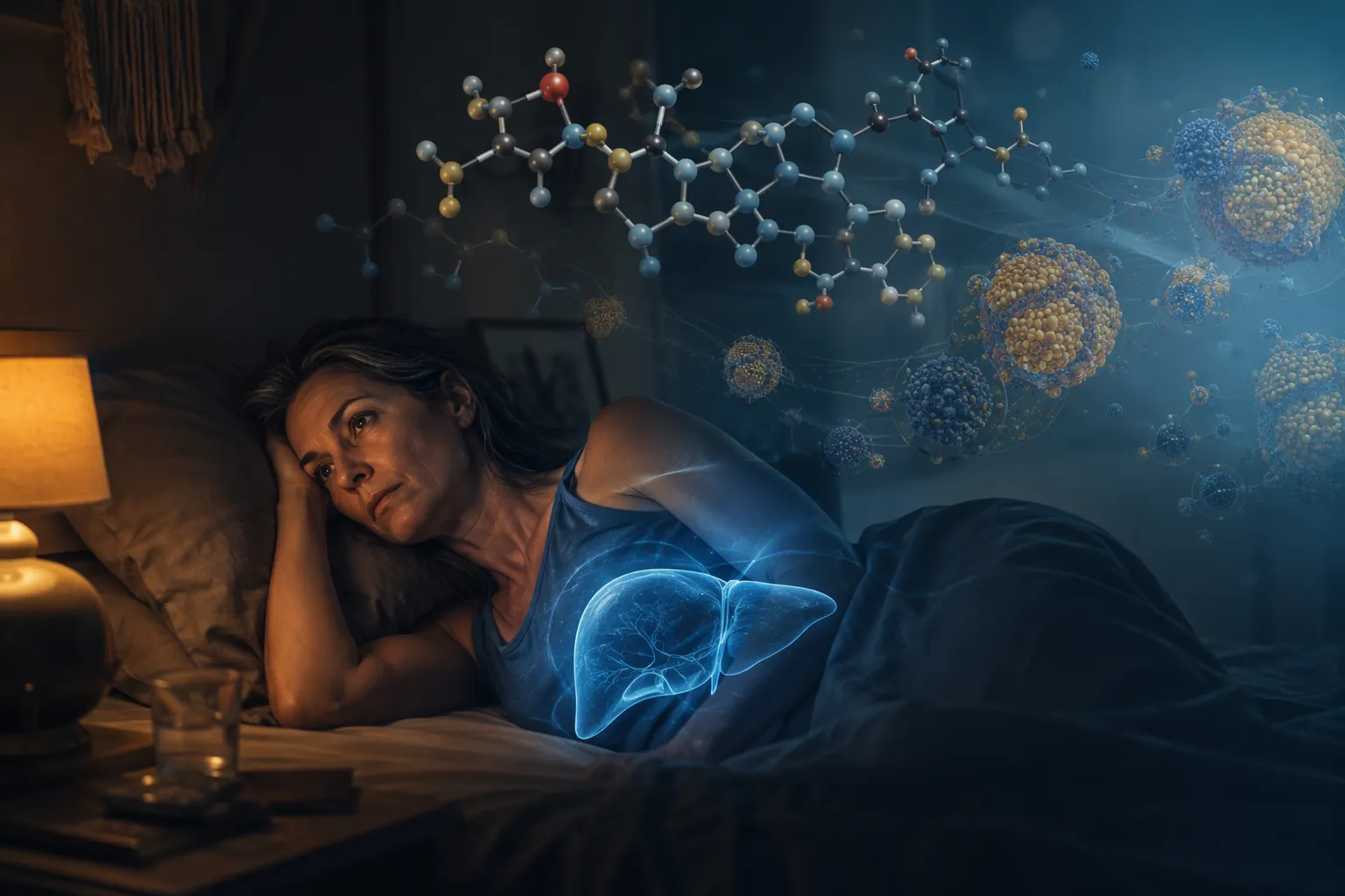Perimenopausal woman lying awake at night with a visual link between the liver and cholesterol molecules