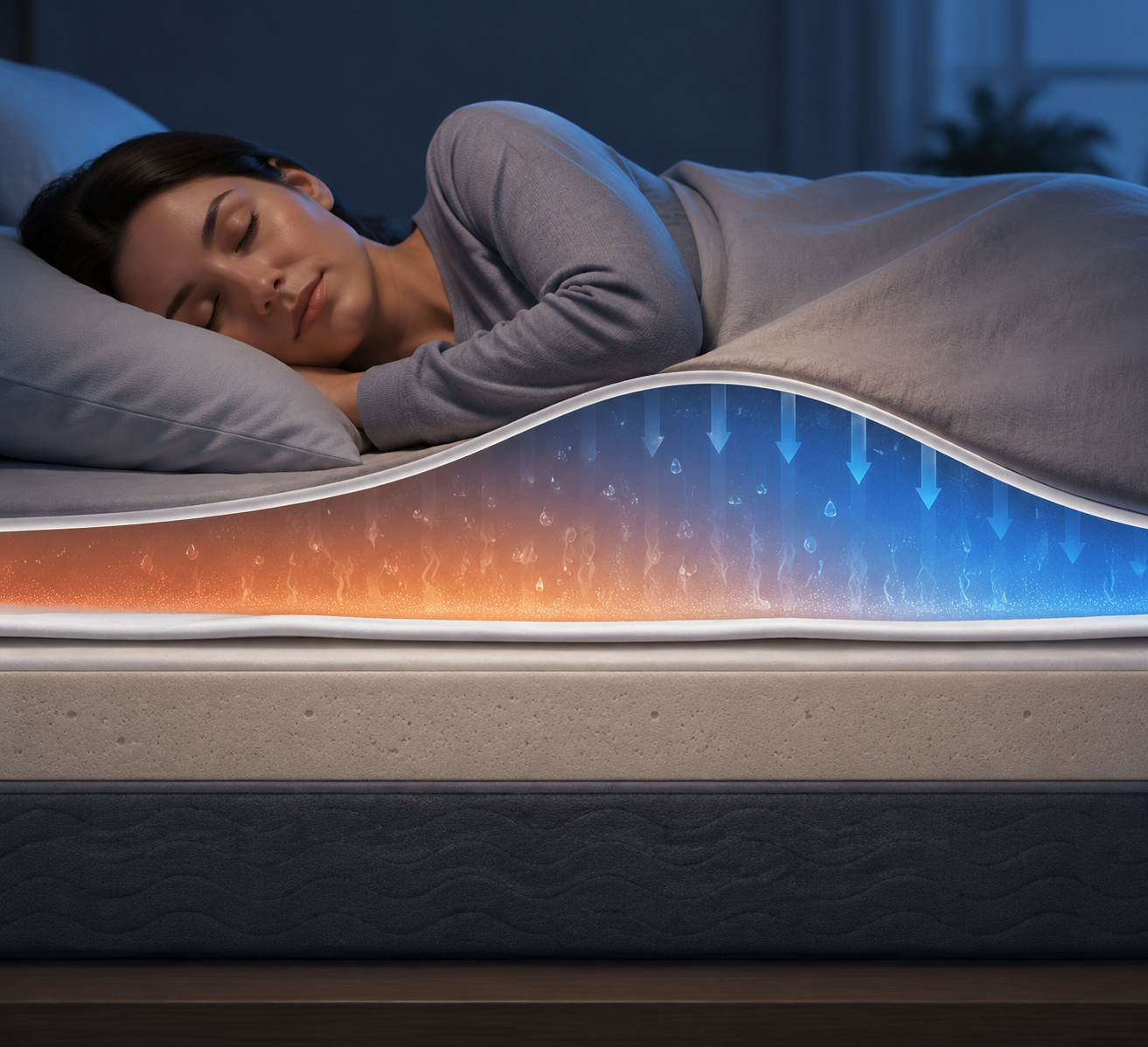 Sleeping person in layered bedding with a highlighted temperature and moisture microclimate zone