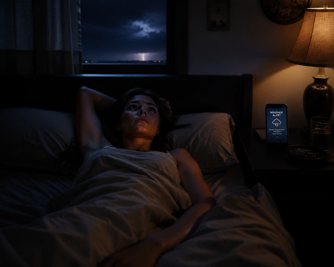 A person lies awake in a dim bedroom while a phone glows with a weather alert beside the bed