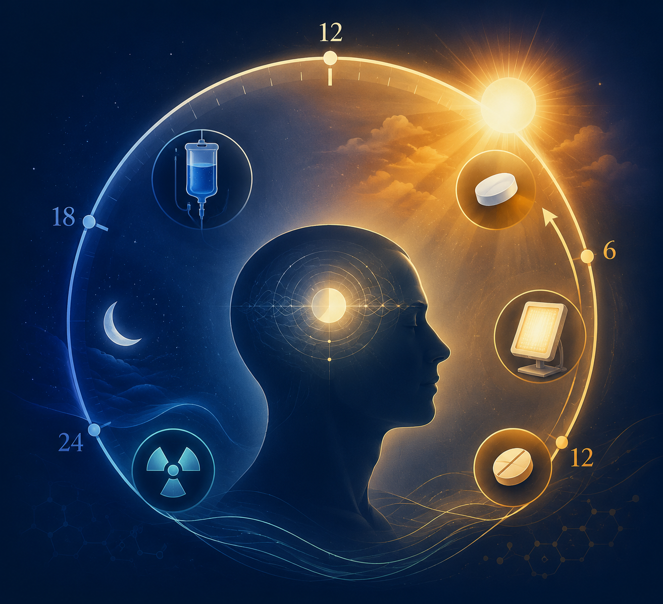 Circadian rhythm clock with treatment timing and morning light therapy icon