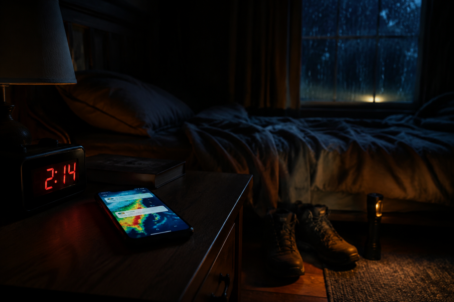 A phone weather alert glowing on a nightstand beside shoes and a flashlight during heavy rain at 2:14 AM