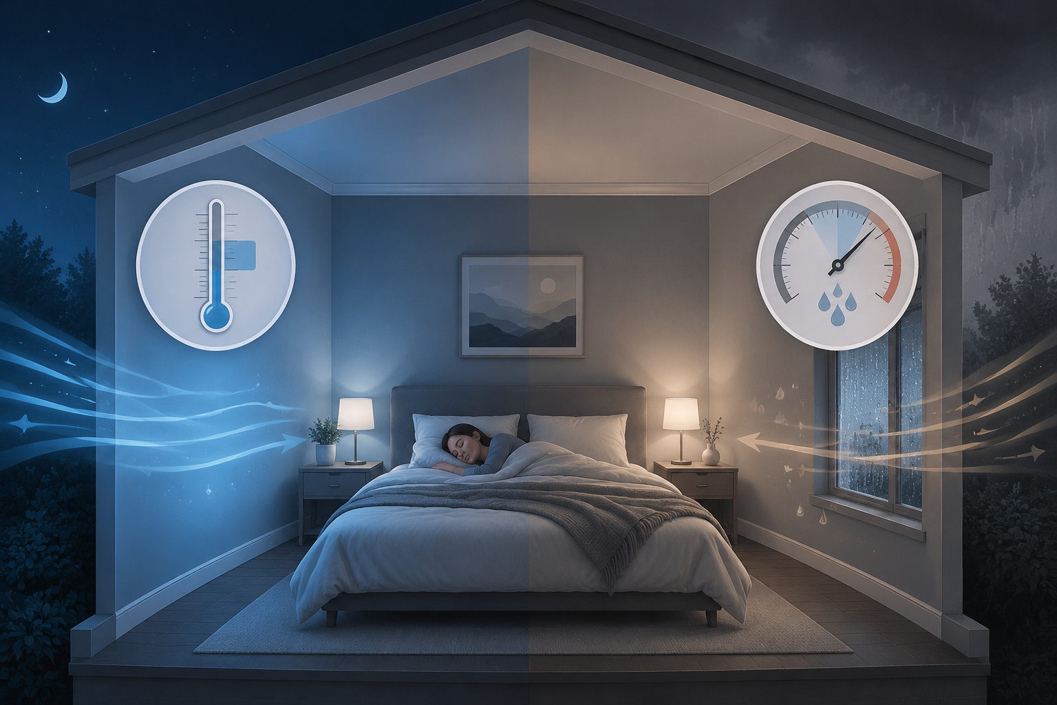 A bedroom illustration showing cool sleep temperature on one side and high humidity with window condensation on the other