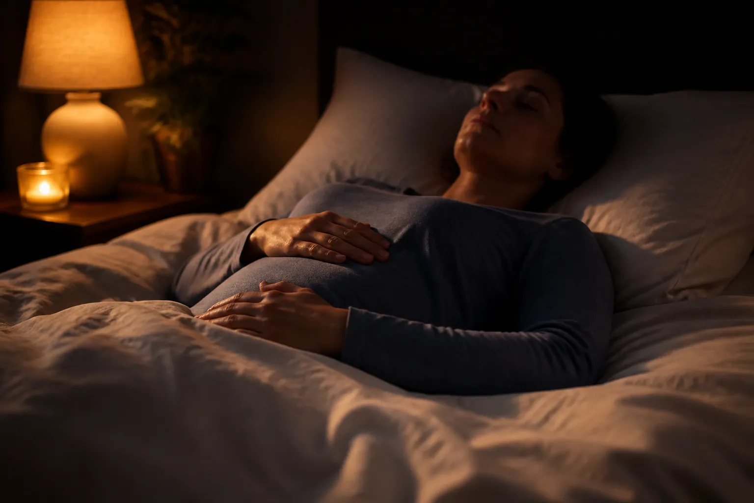 A person lying in bed with hands on the ribcage and abdomen while breathing slowly