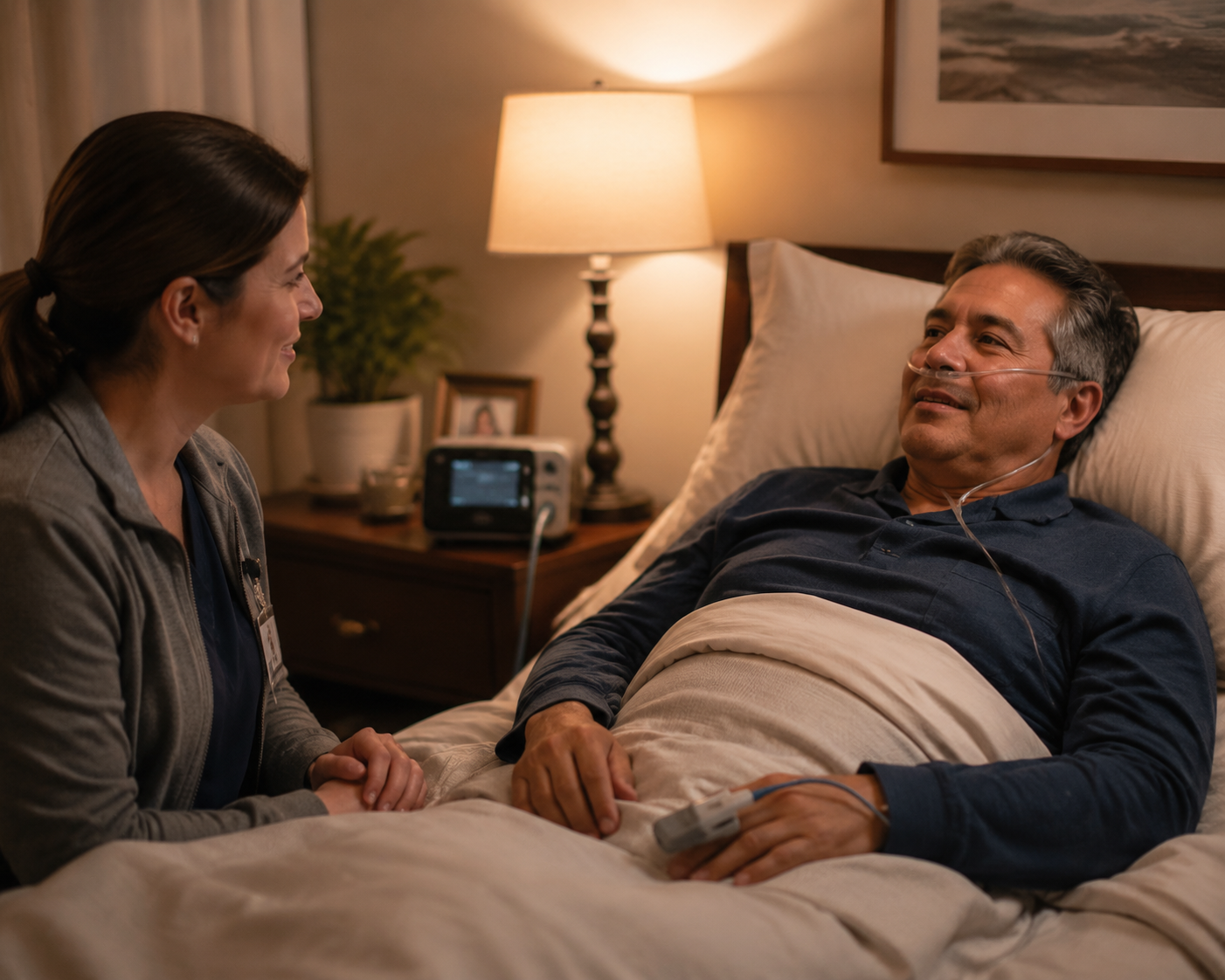 A lung transplant recipient has a calm sleep evaluation with a clinician nearby