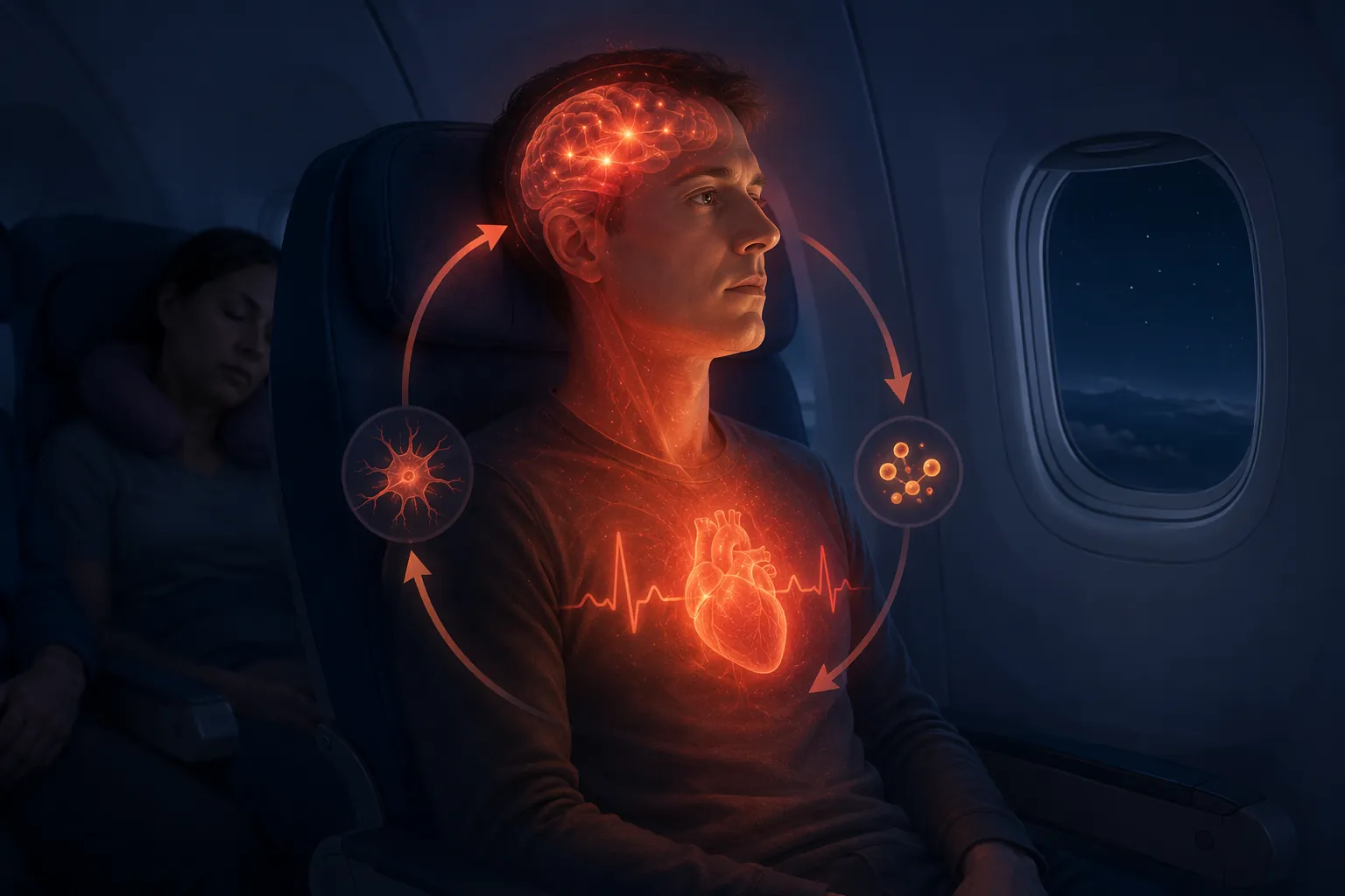 A person awake in a dim airplane cabin with a warm glow around the head and chest suggesting elevated arousal